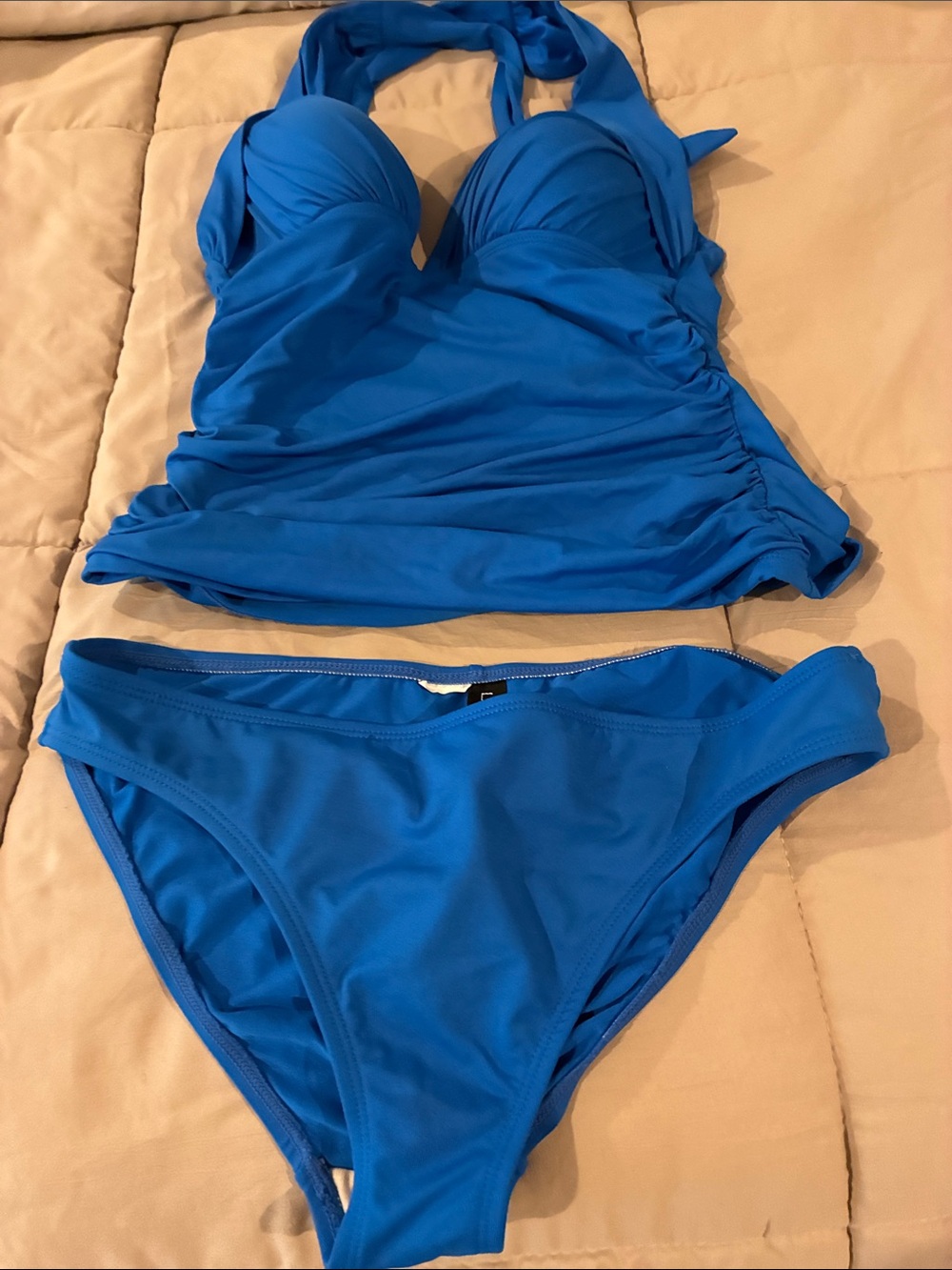La Blanca Bright Blue Halter Tankini Top with Matching Bikini Bottoms